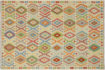 Flat Weave Kilim, Antique, Navaho, Vintage, Handmade, Geometric Kilim Beige Red Hand-Woven Rectangle 100% Wool Area Rug 7 x 10